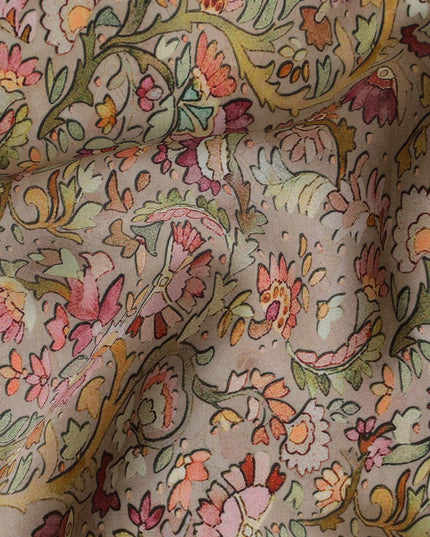 Elegant Indian Modal Satin Fabric - Peachy Floral Print, 110 cms Width - Perfect for Apparel and Crafts-D19215