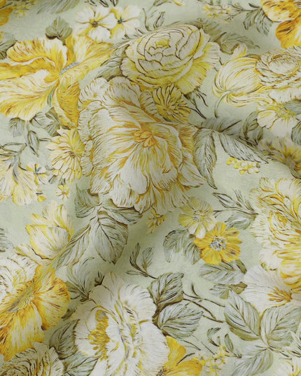 Elegant Yellow Floral Print Modal Satin Fabric - 110 cm Width, Premium Quality Soft Material from India-D19217