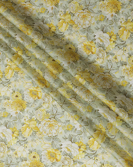 Elegant Yellow Floral Print Modal Satin Fabric - 110 cm Width, Premium Quality Soft Material from India-D19217