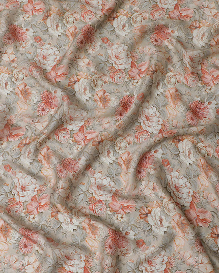 Chic Peach and Cream Floral Modal Satin Fabric - 110 cm Width, Elegant Soft Material from India-D19218