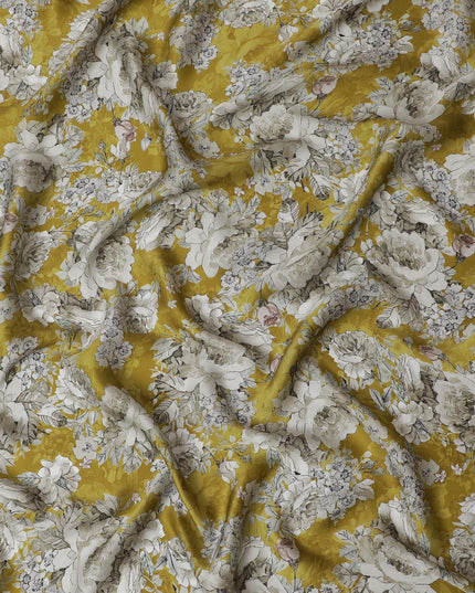 Vibrant Golden Yellow Floral Modal Satin Fabric - 110 cm Width, Luxurious Soft Texture from India-D19220