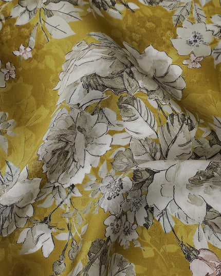 Vibrant Golden Yellow Floral Modal Satin Fabric - 110 cm Width, Luxurious Soft Texture from India-D19220