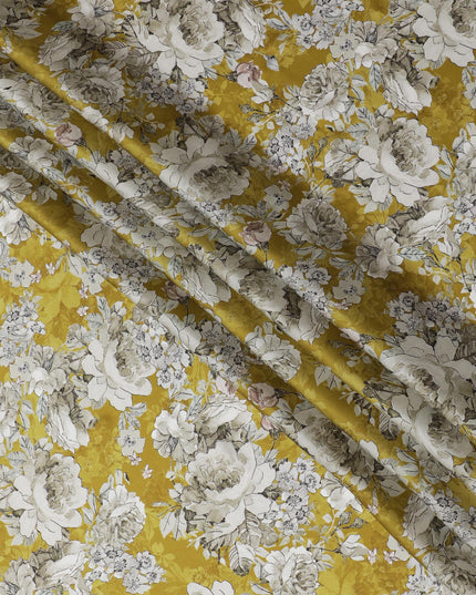 Vibrant Golden Yellow Floral Modal Satin Fabric - 110 cm Width, Luxurious Soft Texture from India-D19220