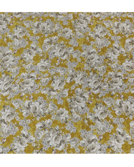 Vibrant Golden Yellow Floral Modal Satin Fabric - 110 cm Width, Luxurious Soft Texture from India-D19220