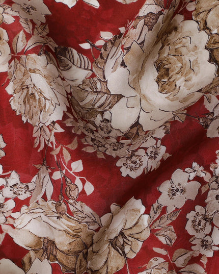 Rich Crimson Red Floral Modal Satin Fabric - 110 cm Width, Soft Elegant Material from India-D19221