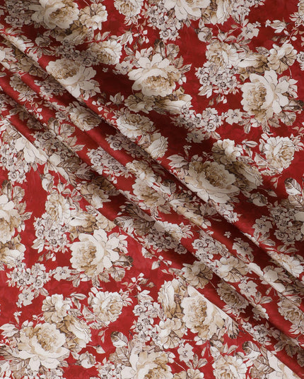 Rich Crimson Red Floral Modal Satin Fabric - 110 cm Width, Soft Elegant Material from India-D19221