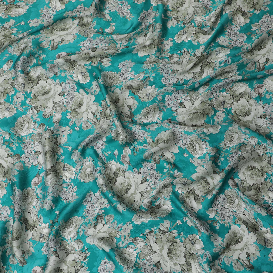 Refreshing Aqua Blue Floral Modal Satin Fabric - 110 cm Width, Luxurious Soft Material from India-D19222 Regal Fabrics