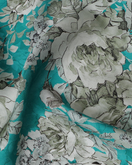 Refreshing Aqua Blue Floral Modal Satin Fabric - 110 cm Width, Luxurious Soft Material from India-D19222