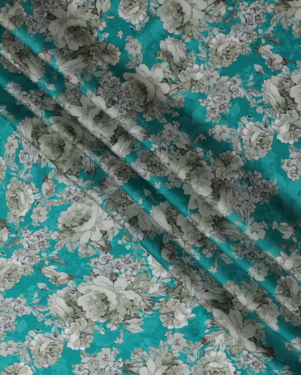 Refreshing Aqua Blue Floral Modal Satin Fabric - 110 cm Width, Luxurious Soft Material from India-D19222