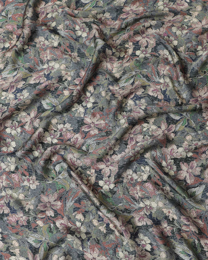 Elegant Charcoal and Pink Floral Modal Satin Fabric - 110 cm Width, Luxurious Textured Material from India-D19224