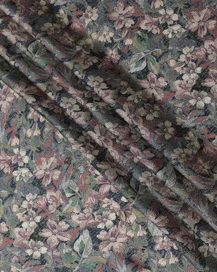 Elegant Charcoal and Pink Floral Modal Satin Fabric - 110 cm Width, Luxurious Textured Material from India-D19224