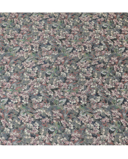 Elegant Charcoal and Pink Floral Modal Satin Fabric - 110 cm Width, Luxurious Textured Material from India-D19224