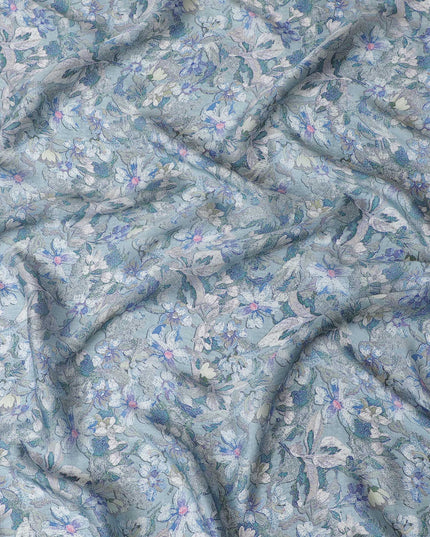 Delicate Blue and Lavender Floral Modal Satin Fabric - 110 cm Width, Soft Elegant Material from India-D19225