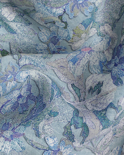 Delicate Blue and Lavender Floral Modal Satin Fabric - 110 cm Width, Soft Elegant Material from India-D19225