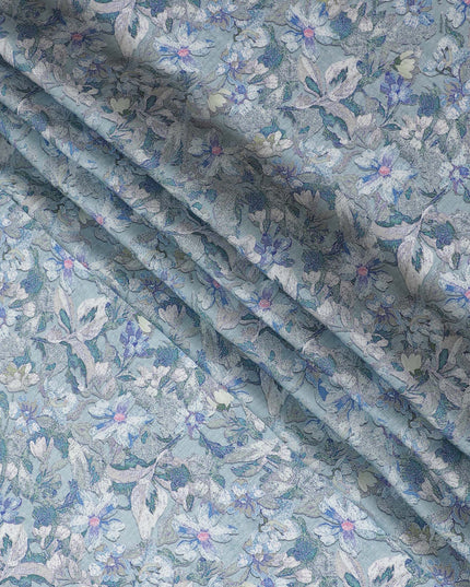 Delicate Blue and Lavender Floral Modal Satin Fabric - 110 cm Width, Soft Elegant Material from India-D19225