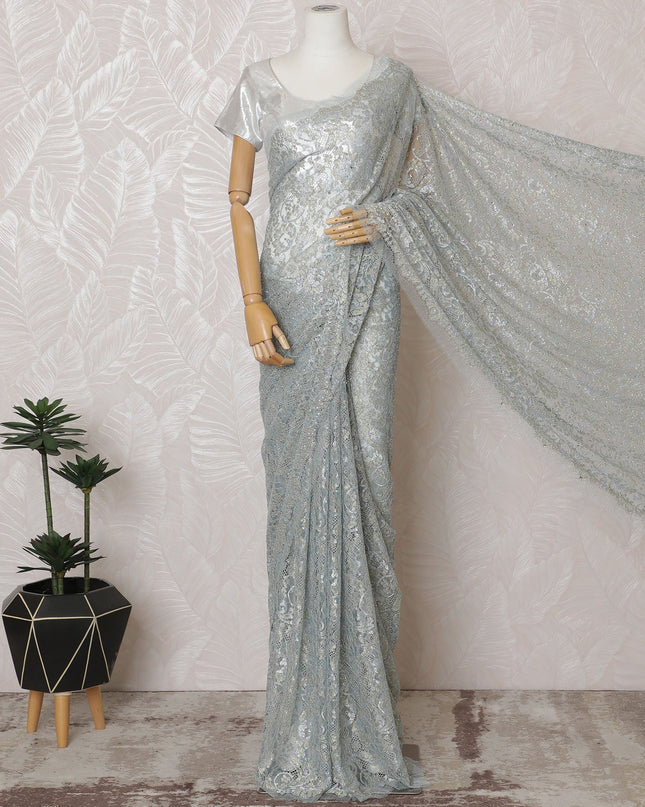 Powder blue French Metallic Chantilly Saree Lace with stone work – 110 cm Width, 5.5 Meters, Made in France-D19420