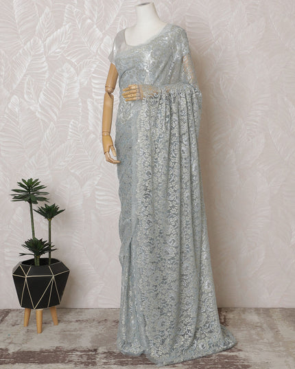 Powder blue French Metallic Chantilly Saree Lace with stone work – 110 cm Width, 5.5 Meters, Made in France-D19420