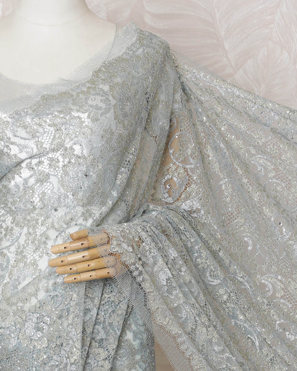 Powder blue French Metallic Chantilly Saree Lace with stone work – 110 cm Width, 5.5 Meters, Made in France-D19420