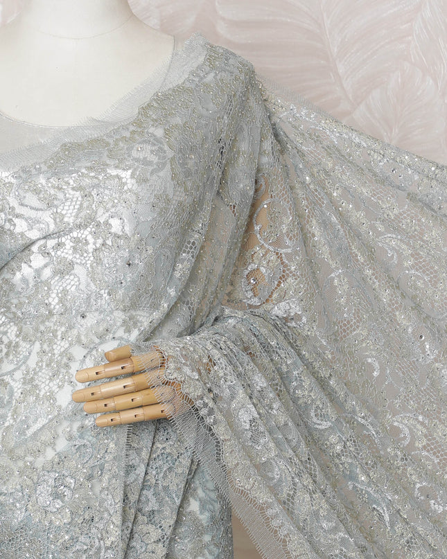 Powder blue French Metallic Chantilly Saree Lace with stone work – 110 cm Width, 5.5 Meters, Made in France-D19420