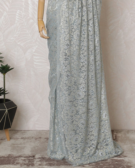 Powder blue French Metallic Chantilly Saree Lace with stone work – 110 cm Width, 5.5 Meters, Made in France-D19420