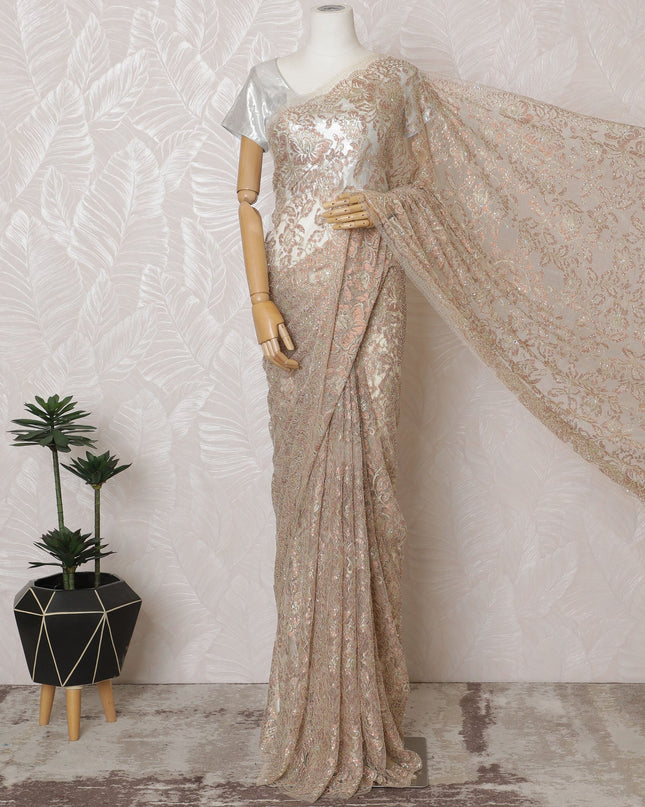 Light Peach French Metallic Chantilly Saree Lace with Stone Work – 110 cm Width, 5.5 Meters, Made in France-D19421