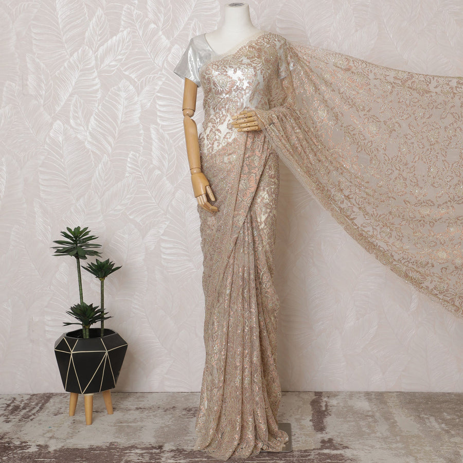 دانتيل ساري شانتيلي فرنسي ميتاليك خوخي فاتح مع عمل حجري - عرض 110 سم، 5.5 متر، صنع في فرنسا-D19421