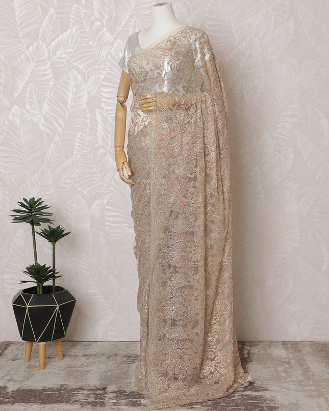 Light Peach French Metallic Chantilly Saree Lace with Stone Work – 110 cm Width, 5.5 Meters, Made in France-D19421