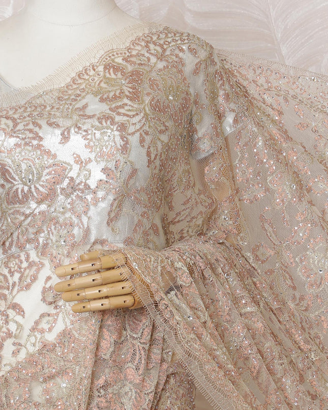 Light Peach French Metallic Chantilly Saree Lace with Stone Work – 110 cm Width, 5.5 Meters, Made in France-D19421