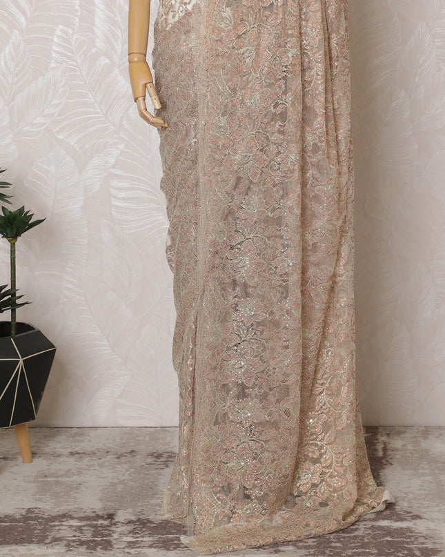 Light Peach French Metallic Chantilly Saree Lace with Stone Work – 110 cm Width, 5.5 Meters, Made in France-D19421