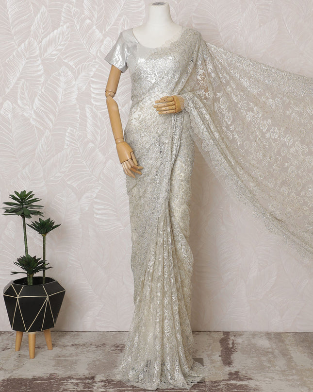 French Metallic Silver Chantilly Saree Lace with Stone Work – 110 cm Width, 5.5 Meters, Made in France-D19422 Regal Fabrics