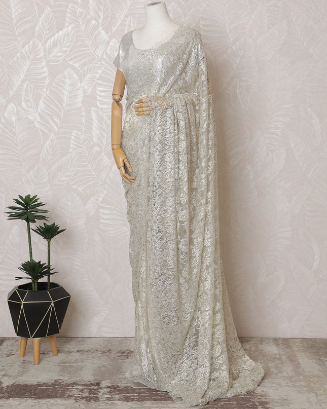 French Metallic Silver Chantilly Saree Lace with Stone Work – 110 cm Width, 5.5 Meters, Made in France-D19422 Regal Fabrics