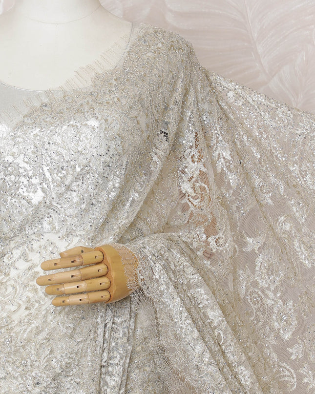 French Metallic Silver Chantilly Saree Lace with Stone Work – 110 cm Width, 5.5 Meters, Made in France-D19422 Regal Fabrics