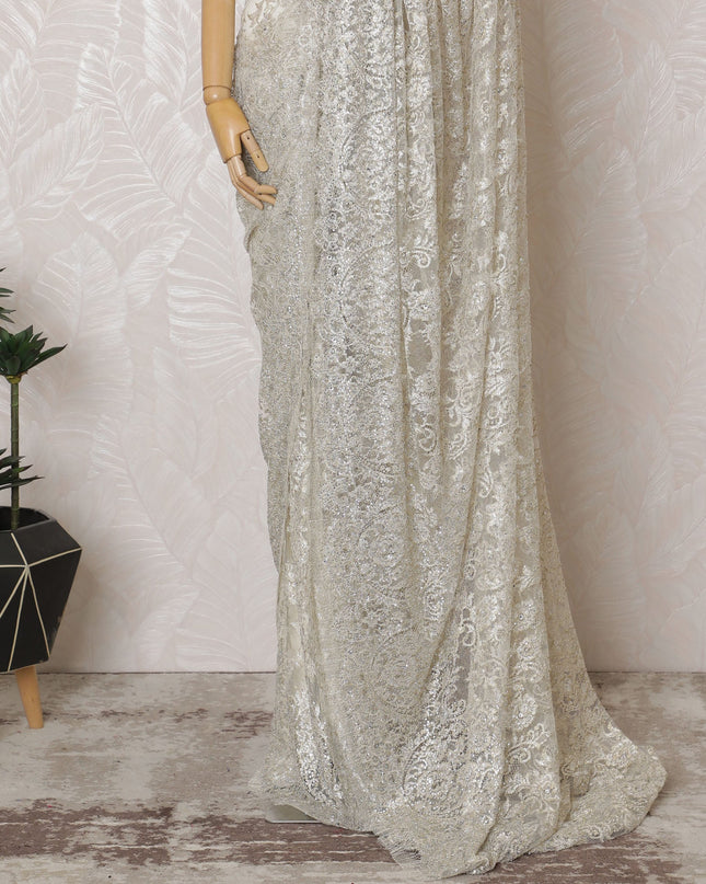 French Metallic Silver Chantilly Saree Lace with Stone Work – 110 cm Width, 5.5 Meters, Made in France-D19422 Regal Fabrics