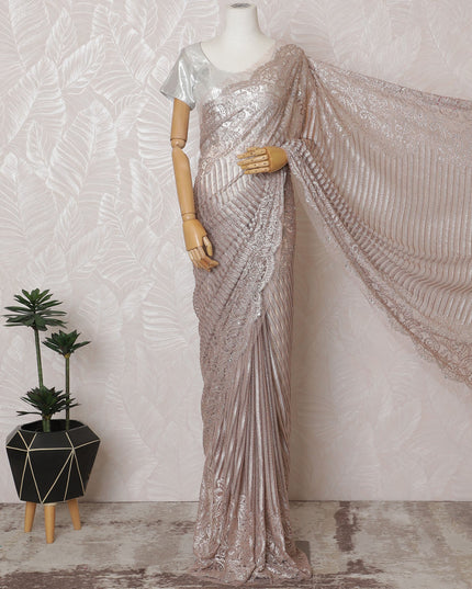 French Metallic Rose Pink Chantilly Saree Lace with Stone Work – 110 cm Width, 5.5 Meters, Made in France-D19423