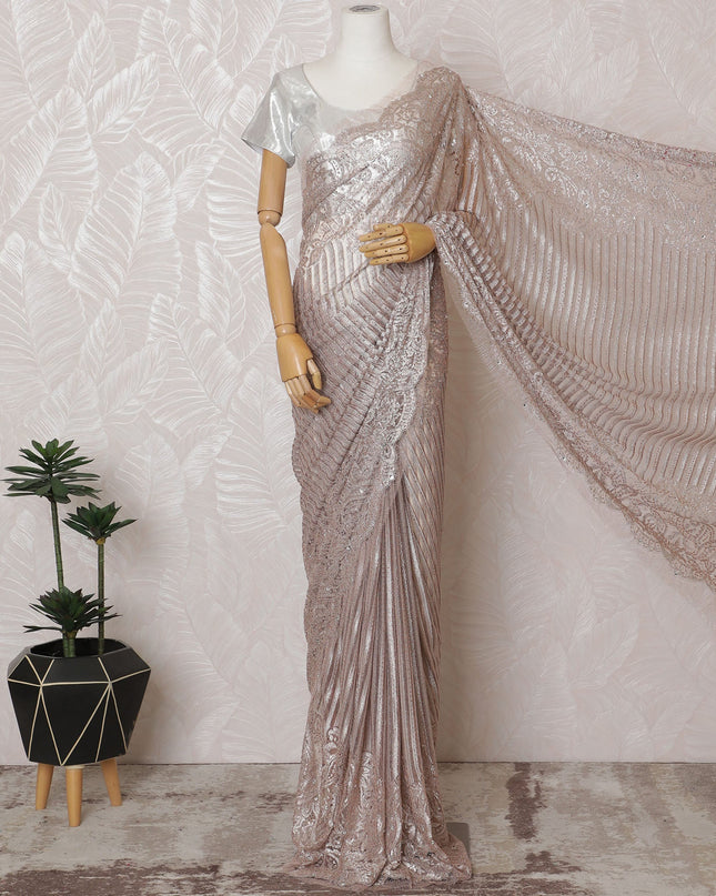 French Metallic Rose Pink Chantilly Saree Lace with Stone Work – 110 cm Width, 5.5 Meters, Made in France-D19423