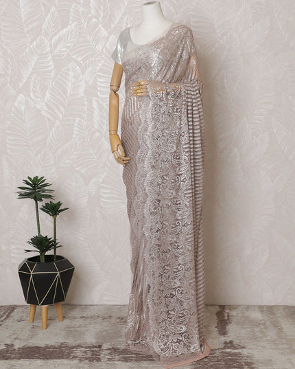 French Metallic Rose Pink Chantilly Saree Lace with Stone Work – 110 cm Width, 5.5 Meters, Made in France-D19423