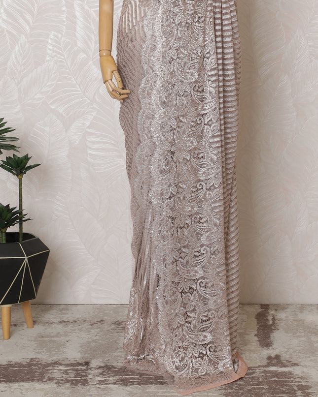 French Metallic Rose Pink Chantilly Saree Lace with Stone Work – 110 cm Width, 5.5 Meters, Made in France-D19423