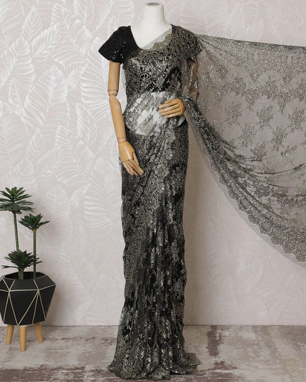 French Metallic Black Chantilly Saree Lace with Stone Work – 110 cm Width, 5.5 Meters, Made in France-D19424