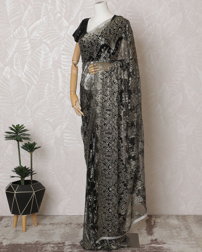 French Metallic Black Chantilly Saree Lace with Stone Work – 110 cm Width, 5.5 Meters, Made in France-D19424