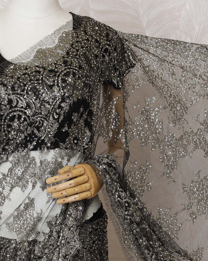 French Metallic Black Chantilly Saree Lace with Stone Work – 110 cm Width, 5.5 Meters, Made in France-D19424