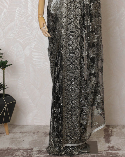 French Metallic Black Chantilly Saree Lace with Stone Work – 110 cm Width, 5.5 Meters, Made in France-D19424