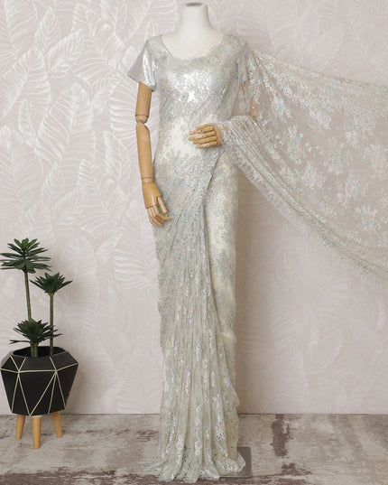 French Metallic Iridescent White Chantilly Saree Lace with Stone Work – 110 cm Width, 5.5 Meters, Made in France-D19425