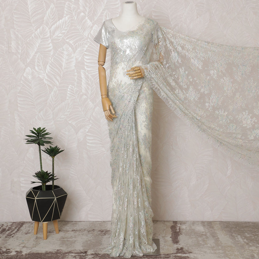 French Metallic Iridescent White Chantilly Saree Lace with Stone Work – 110 cm Width, 5.5 Meters, Made in France-D19425