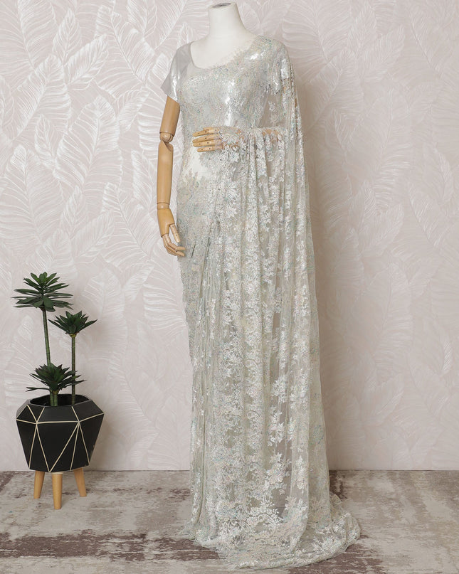 French Metallic Iridescent White Chantilly Saree Lace with Stone Work – 110 cm Width, 5.5 Meters, Made in France-D19425