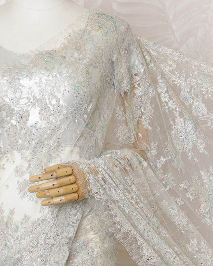 French Metallic Iridescent White Chantilly Saree Lace with Stone Work – 110 cm Width, 5.5 Meters, Made in France-D19425