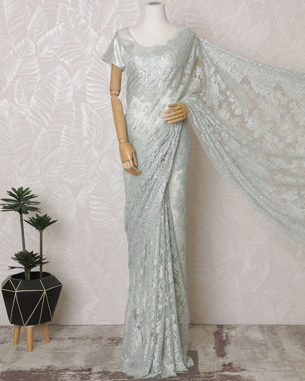 French Metallic Light Green Chantilly Saree Lace with Stone Work – 110 cm Width, 5.5 Meters, Made in France-D19426