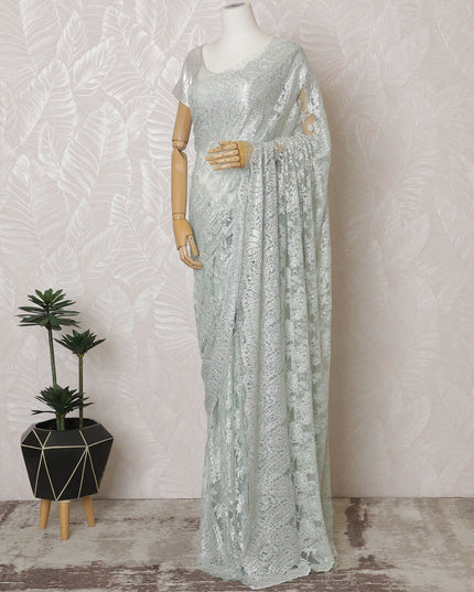 French Metallic Light Green Chantilly Saree Lace with Stone Work – 110 cm Width, 5.5 Meters, Made in France-D19426