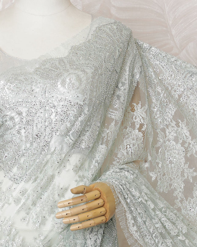 French Metallic Light Green Chantilly Saree Lace with Stone Work – 110 cm Width, 5.5 Meters, Made in France-D19426