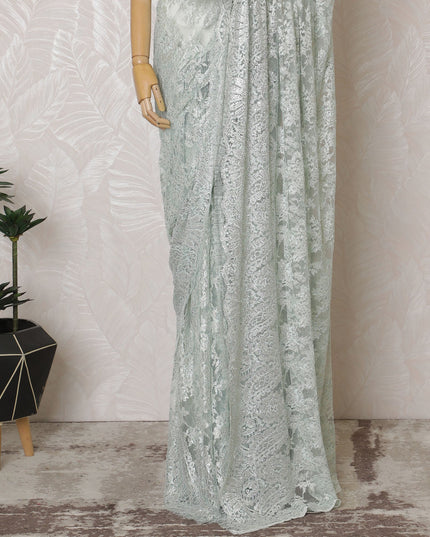 French Metallic Light Green Chantilly Saree Lace with Stone Work – 110 cm Width, 5.5 Meters, Made in France-D19426