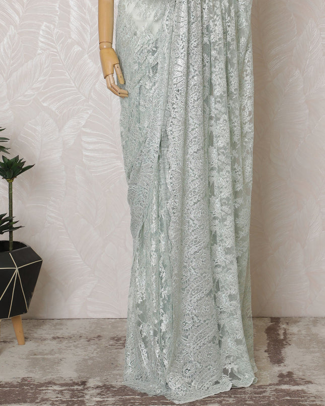 French Metallic Light Green Chantilly Saree Lace with Stone Work – 110 cm Width, 5.5 Meters, Made in France-D19426